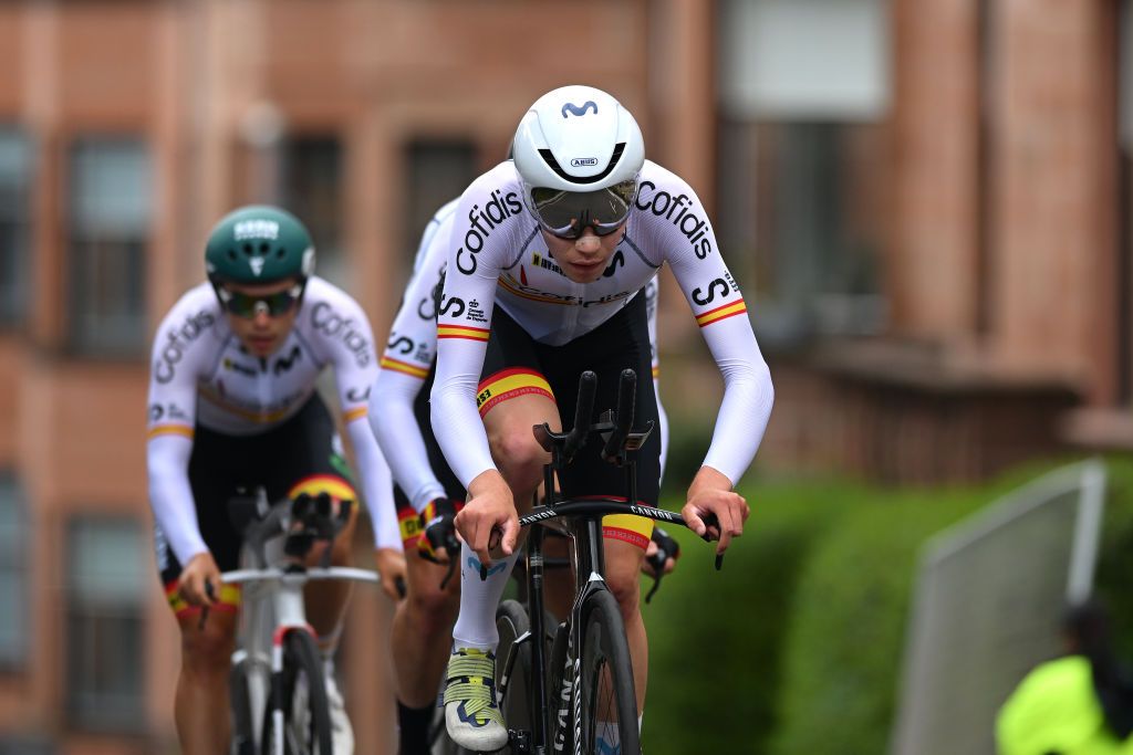 GLASGOW SCOTLAND AUGUST 08 Ivan Romeo Abad of Spain sprints during the Team Time Trial Mixed Relay a 403km race from Glasgow to Glasgow at the 96th UCI Cycling World Championships Glasgow 2023 Day 6 UCIWT on August 08 2023 in Glasgow Scotland Photo by Dario BelingheriGetty Images