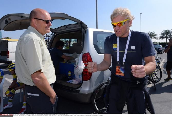 Tinkoff-Saxo's Bjarne Riis and Oleg Tinkov at the Dubai Tour