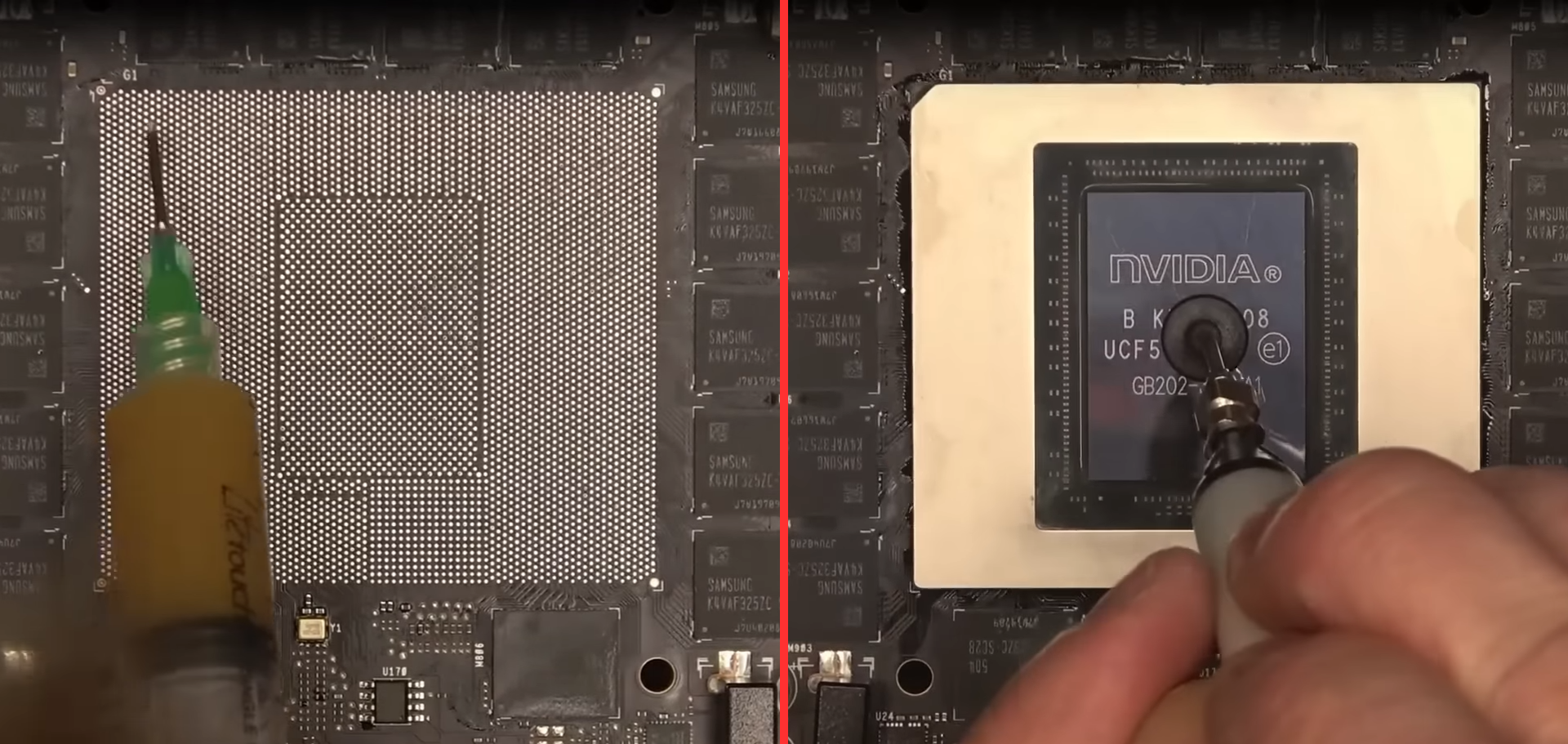 An RTX 5090 core being reballed