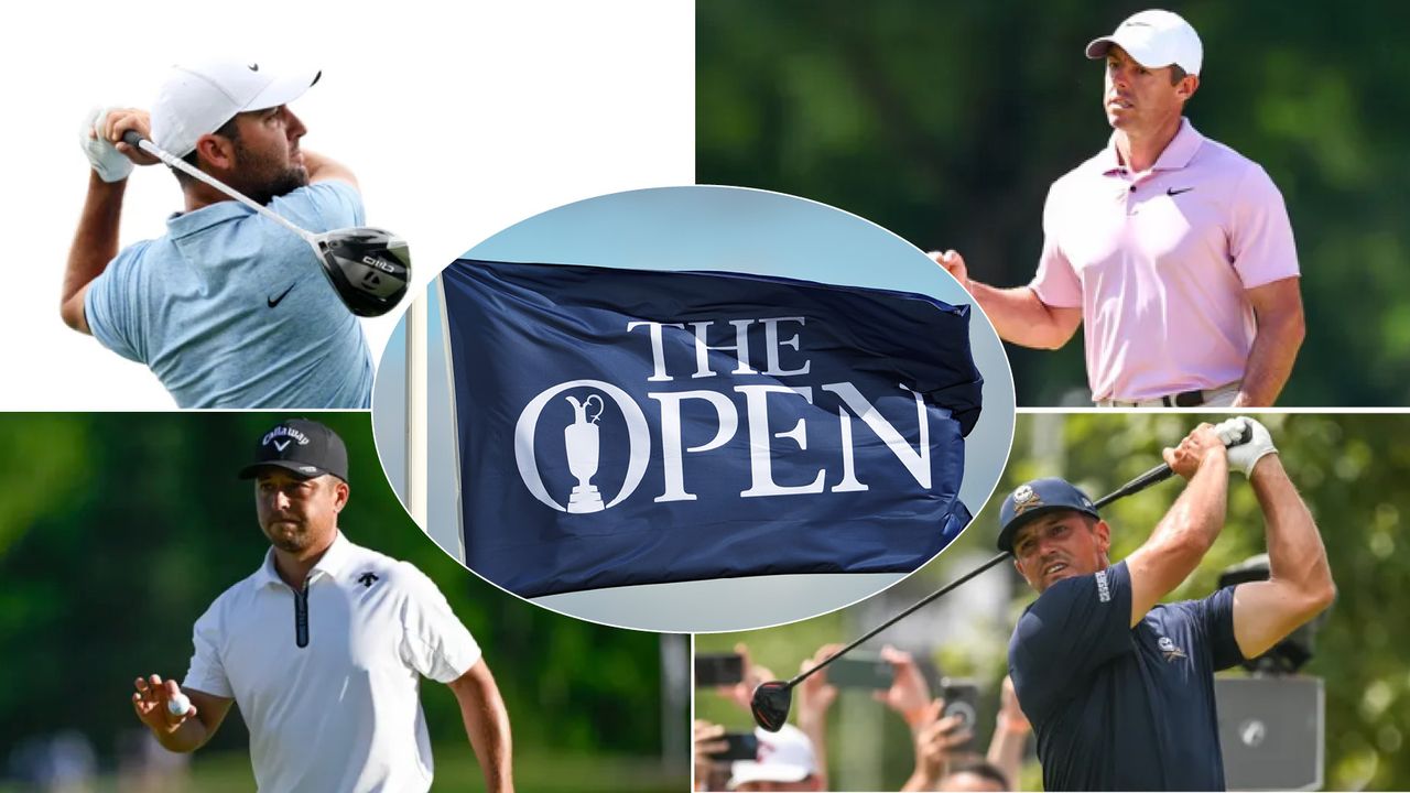 Four golfers and an Open Championship flag