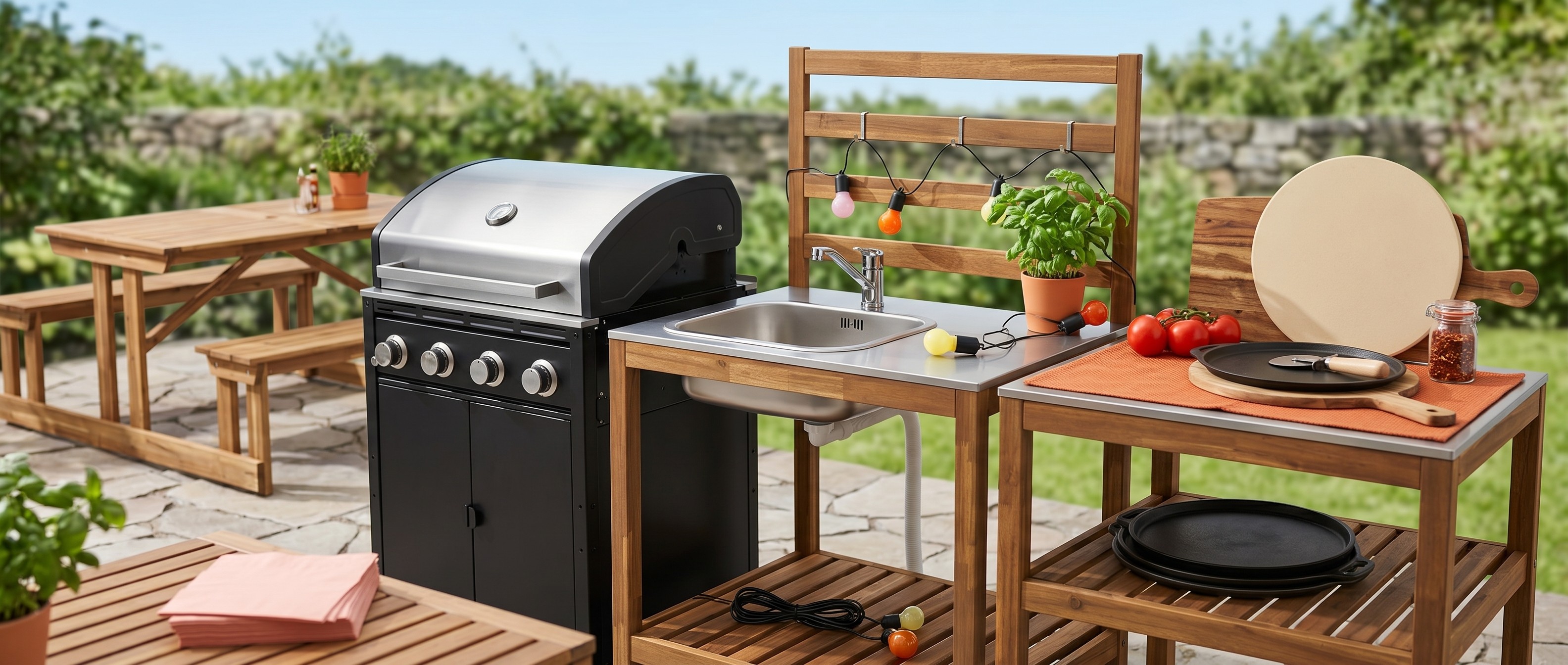 Outdoor kitchen furniture and accessories from IKEA arranged together