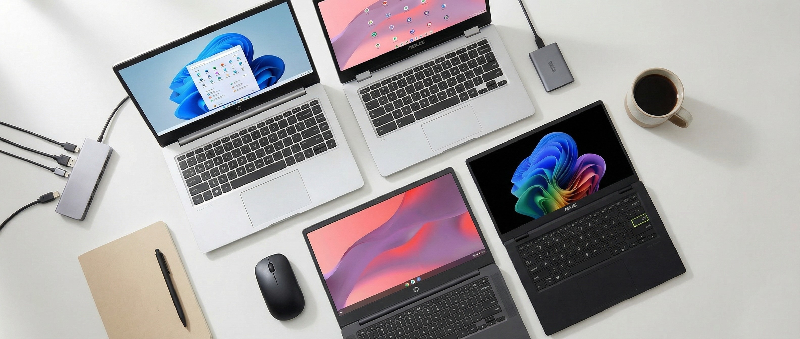 HP and Asus laptops on a desk