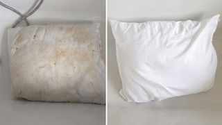 I turned my yellowed pillow bright white again using a $1 medicine cabinet staple