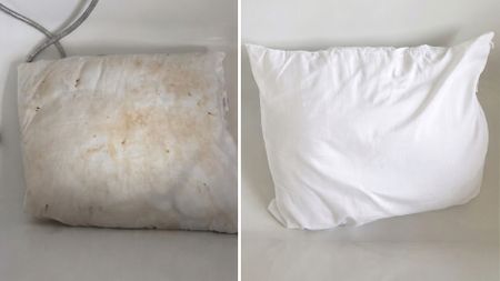 A split screen image showing a yellowed pillow on the left and the same pillow restored to bright white on the right following a pre-wash stain removal treatment