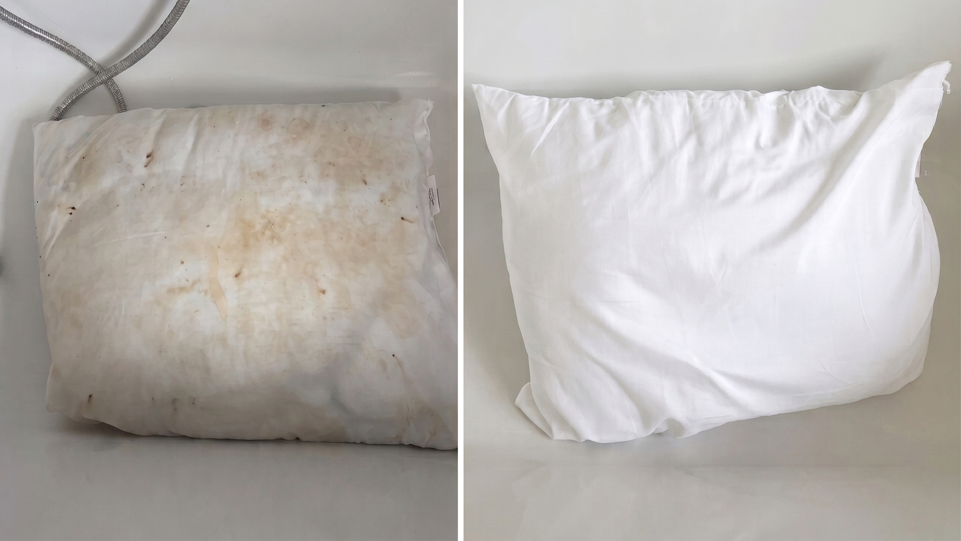 A split screen image showing a yellowed pillow on the left and the same pillow restored to bright white on the right following a pre-wash stain removal treatment