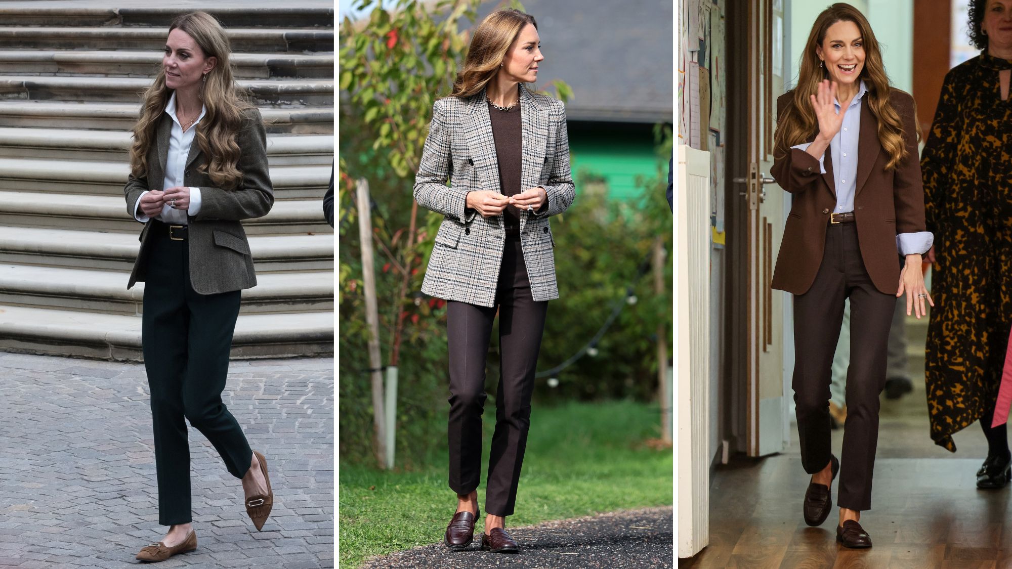 A composite of three pictures of Kate Middleton wearing loafers on three different occasions