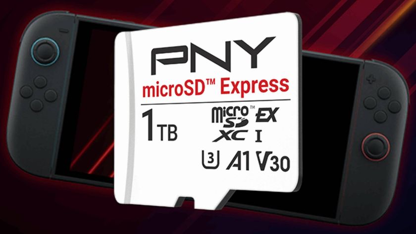 Image of a PNY Switch 2 SD card sitting in front of the Nintendo handheld and a red background.
