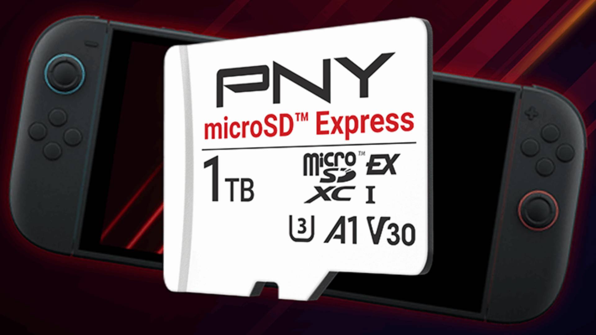 Image of a PNY Switch 2 SD card sitting in front of the Nintendo handheld and a red background.