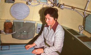 Balashova working on the prototype of the Soyuz 19 space capsule which she designed in 1975