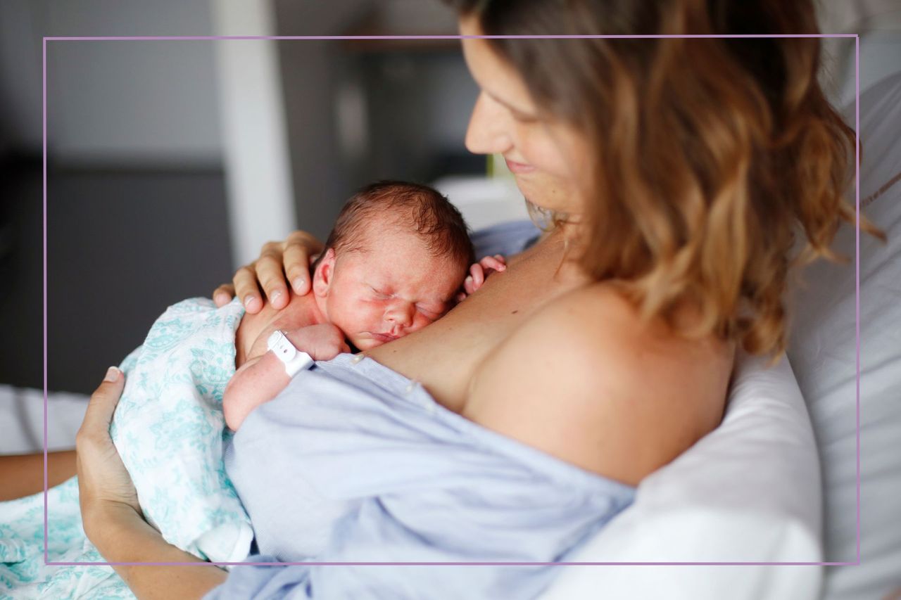 Woman in hospital bed doing skin on skin with newborn baby