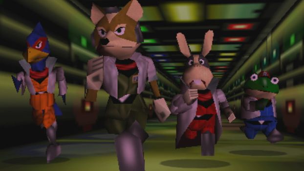 Star Fox 64 screenshot of four animal characters running down a hallways