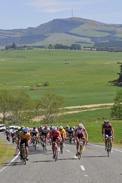 The peloton roll through the green countryside.