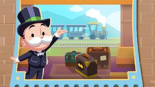 Monopoly man and his bags in front of the train tracks