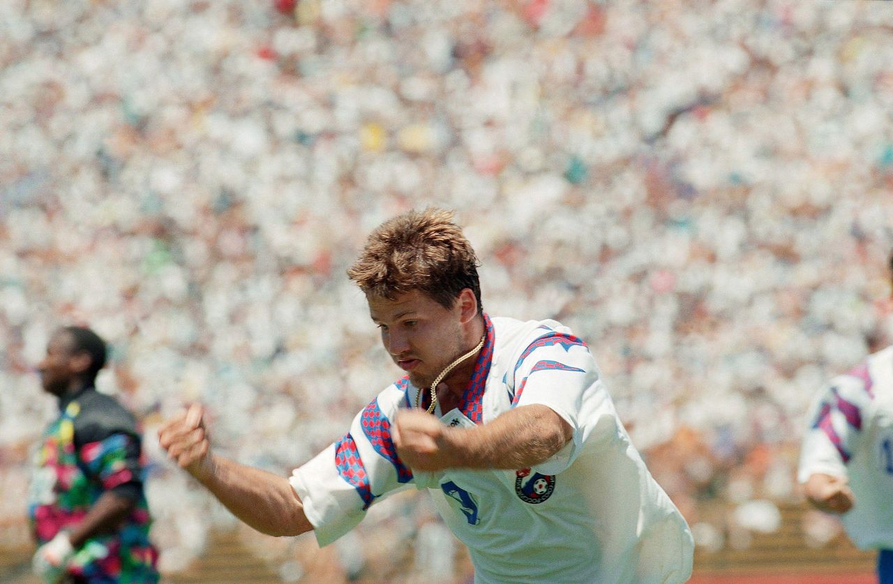 Oleg Salenko of Russia celebrates after scoring his second of five goals during the 1994 World Cup group match against Cameroon