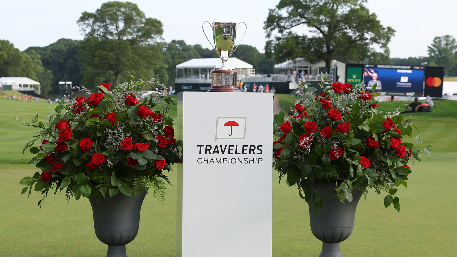 General view of the podium and 2025 Travelers Championship trophy prior to presentation