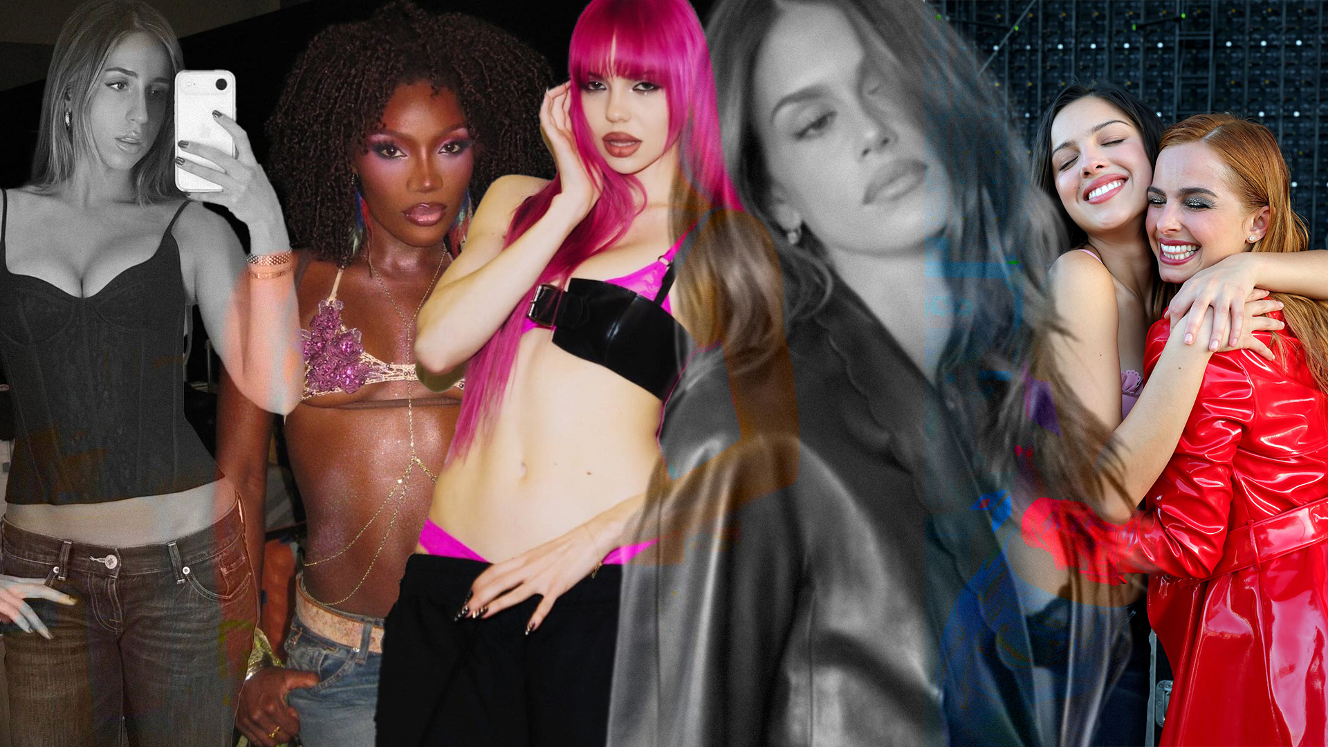 Collage of celebrities wearing lingerie-style tops with low-rise jeans.