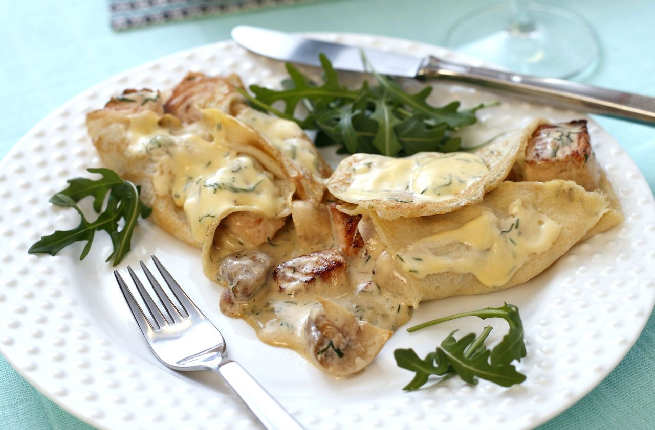 Salmon and mushroom pancakes