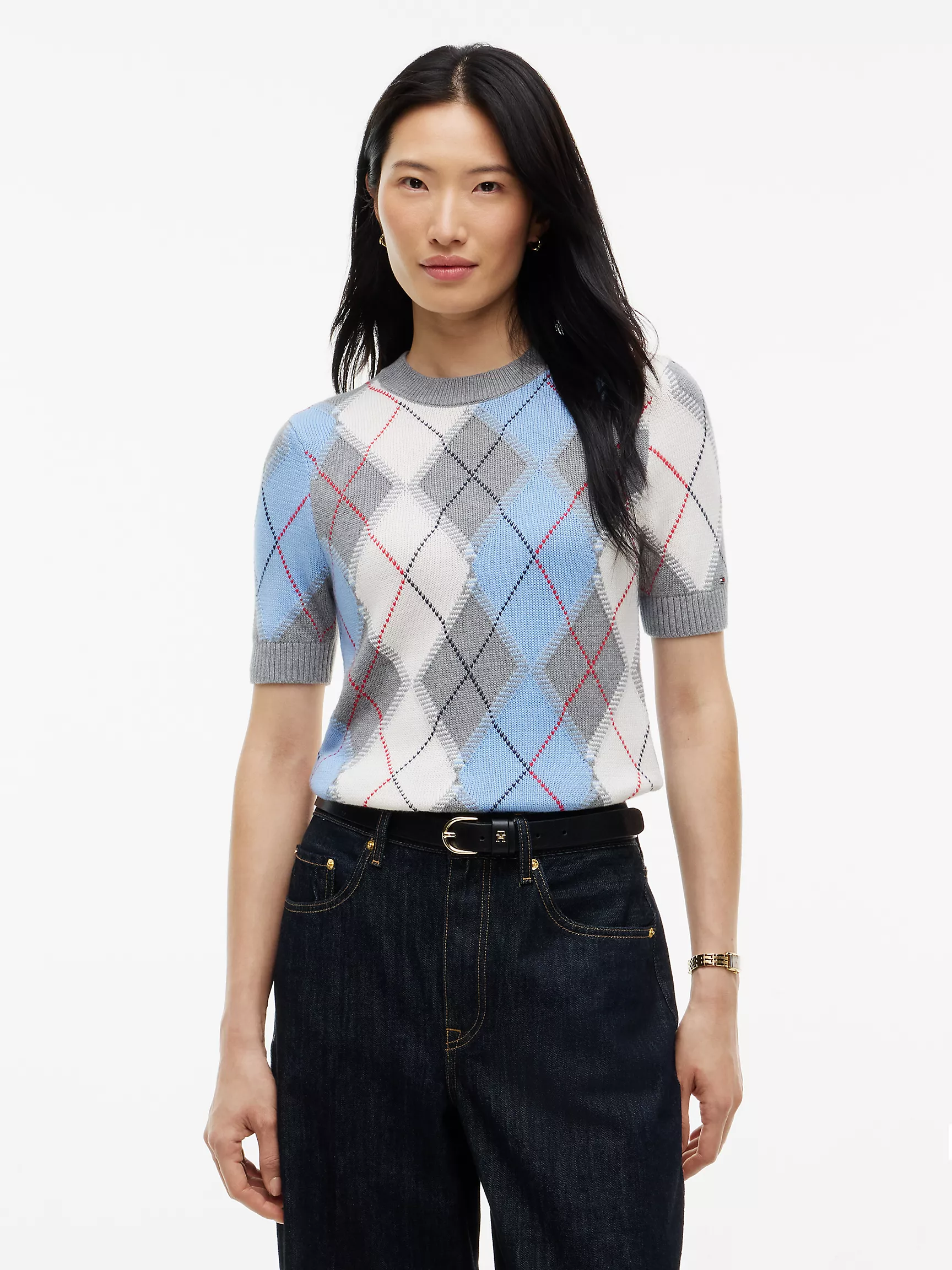 Tommy Hilfiger, Short-Sleeve Argyle Crewneck Sweater