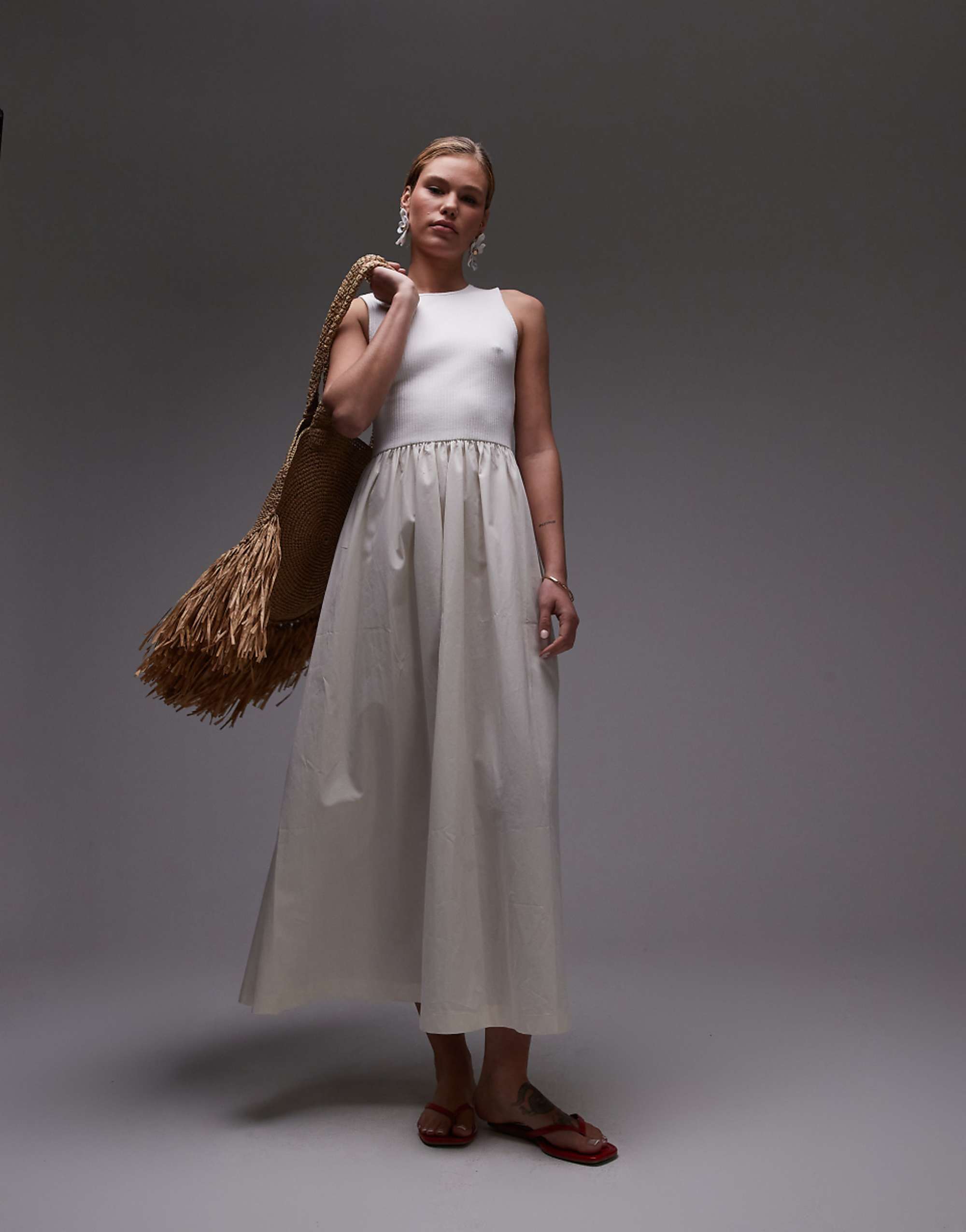 Topshop Poplin Mix Maxi Dress in Off White