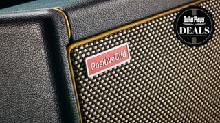 Closeup of Positive Grid logo on a Spark desktop amp