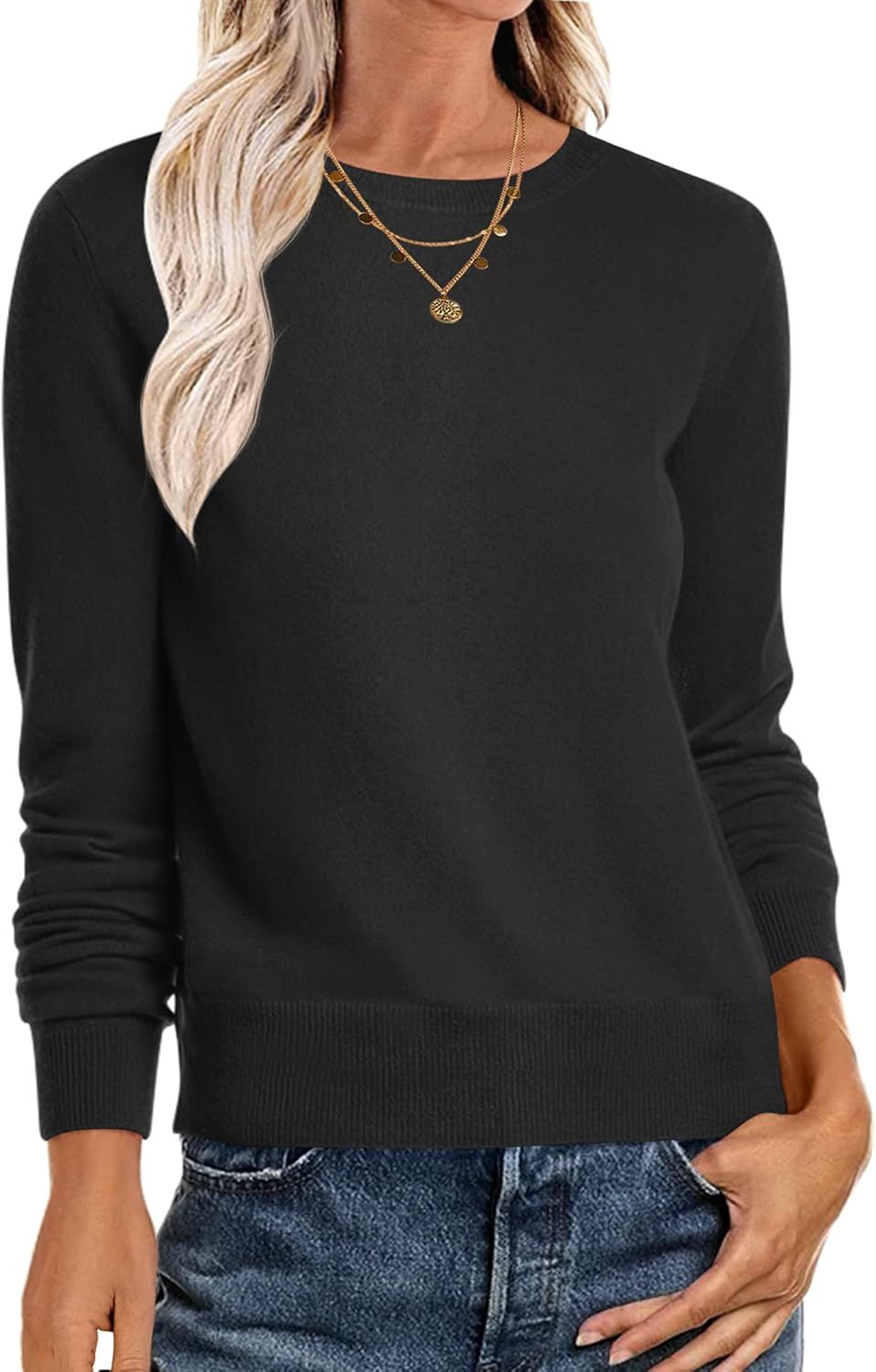 Anrabess Sweaters for Women Long Sleeve Lightweight Crewneck Soft Basic Knit Loose Fit Pullover Top 2025 Fall Trendy Outfits Black Small