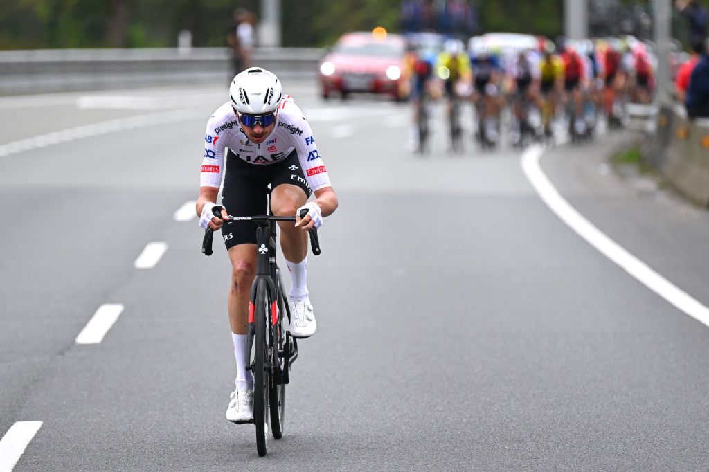 AMOREBIETA ETXANO SPAIN APRIL 05 Brandon Mcnulty of The United States and UAE Team Emirates attacks in the final kilometres during the 63rd Itzulia Basque Country 2024 Stage 5 a 1759km stage from VitoriaGasteiz to AmorebietaEtxano UCIWT on April 05 2024 in AmorebietaEtxano Spain Photo by Tim de WaeleGetty Images