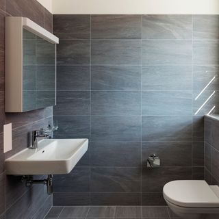 bathroom with grey wall and floor