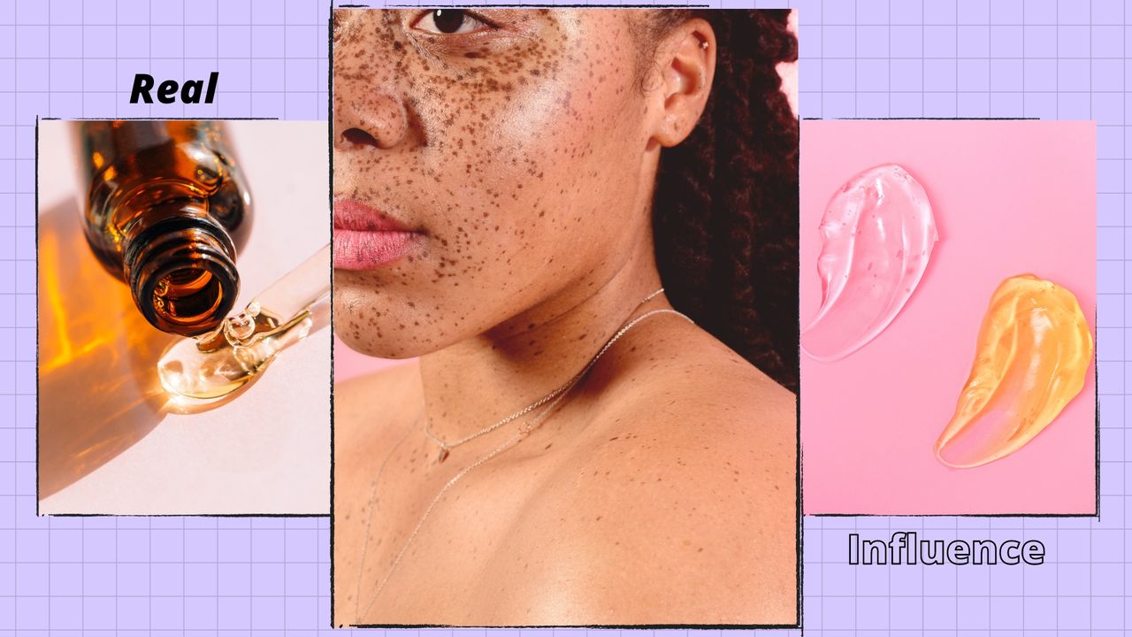 A woman with glowing skin and freckles alongside a picture of a serum bottle and two swipes of facial cleanser for a piece explaining &#039;skin cycling&#039; / in a purple template