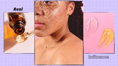 A woman with glowing skin and freckles alongside a picture of a serum bottle and two swipes of facial cleanser for a piece explaining 'skin cycling' / in a purple template