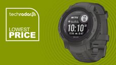 Garmin Instinct 2 on a green background with the text lowest-ever price 