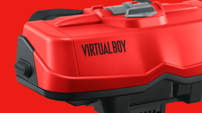 Close up of Virtual Boy logo on accessory with red backdrop