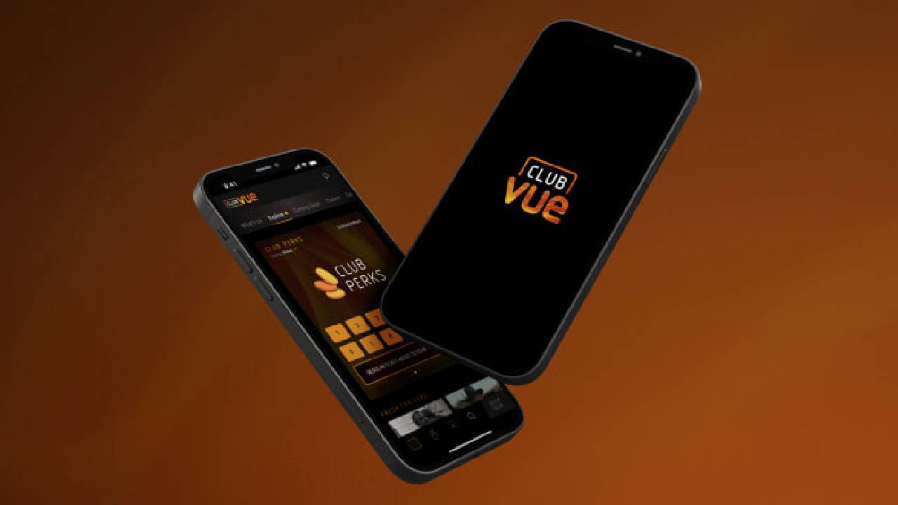Two smartphones displaying the VUE Club reward app.