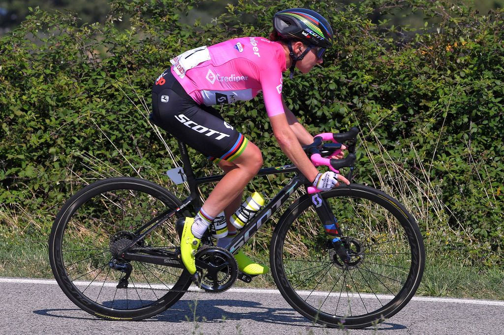 ASSISI ITALY SEPTEMBER 13 Annemiek Van Vleuten of The Netherlands and Team Mitchelton Scott Pink Leader Jersey during the 31st Giro dItalia Internazionale Femminile 2020 Stage 3 a 1422km stage from Santa Fiora to Assisi 413m GiroRosaIccrea GiroRosa on September 13 2020 in Assisi Italy Photo by Luc ClaessenGetty Images