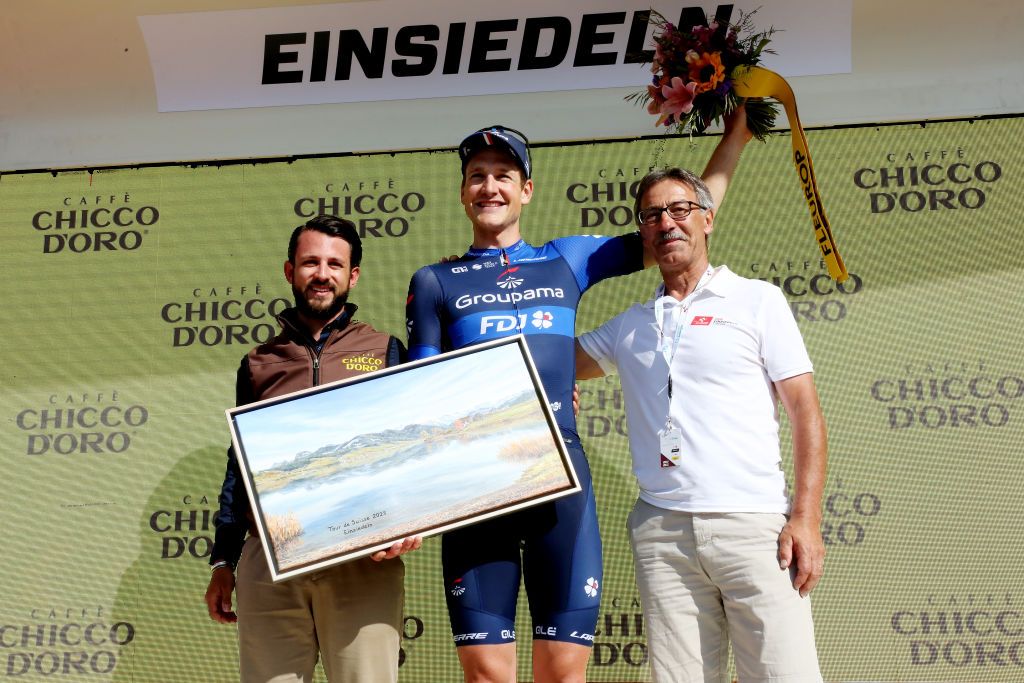EINSIEDELN SWITZERLAND JUNE 11 Stefan Kng of Switzerland and Team GroupamaFDJ celebrates at podium as stage winner during the 86th Tour de Suisse 2023 Stage 1 a 127km individual time trial stage from Einsiedeln to Einsiedeln UCIWT on June 11 2023 in Einsiedeln Switzerland Photo by Heinz ZwickyGetty Images