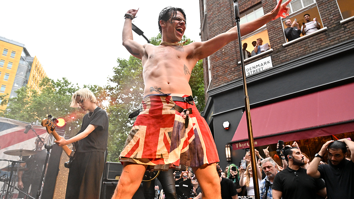 LONDON, ENGLAND - AUGUST 7: Yungblud performs a live set on Denmark Street during the launch of his new store &#039;Beautifully Romanticised Accidently Traumatized&#039; at 20 Denmark Street on August 7, 2025 in London, England. (Photo by Nicky J. Sims/Getty Images)