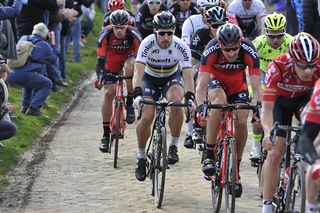World champion Peter Sagan (Tinkoff) riding back in the third group at Paris-Roubaix
