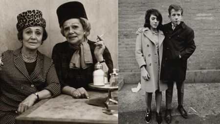 A composite of two black and white photographs: the left side features two fashionable women in hats and suits seated at a cafe table with cigarettes, while the right side shows two young people standing together outdoors in coats against a brick wall.