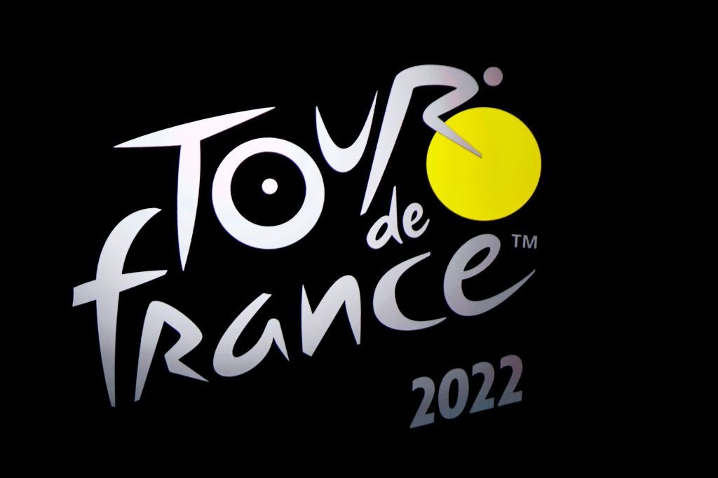 PARIS FRANCE OCTOBER 14 Detailed view of the Tour de France logo during the 109th Tour de France 2022 And 1st Tour de France Femmes 2022 Route Presentation TDF2022 LeTour on October 14 2021 in Paris France Photo by Luc ClaessenGetty Images