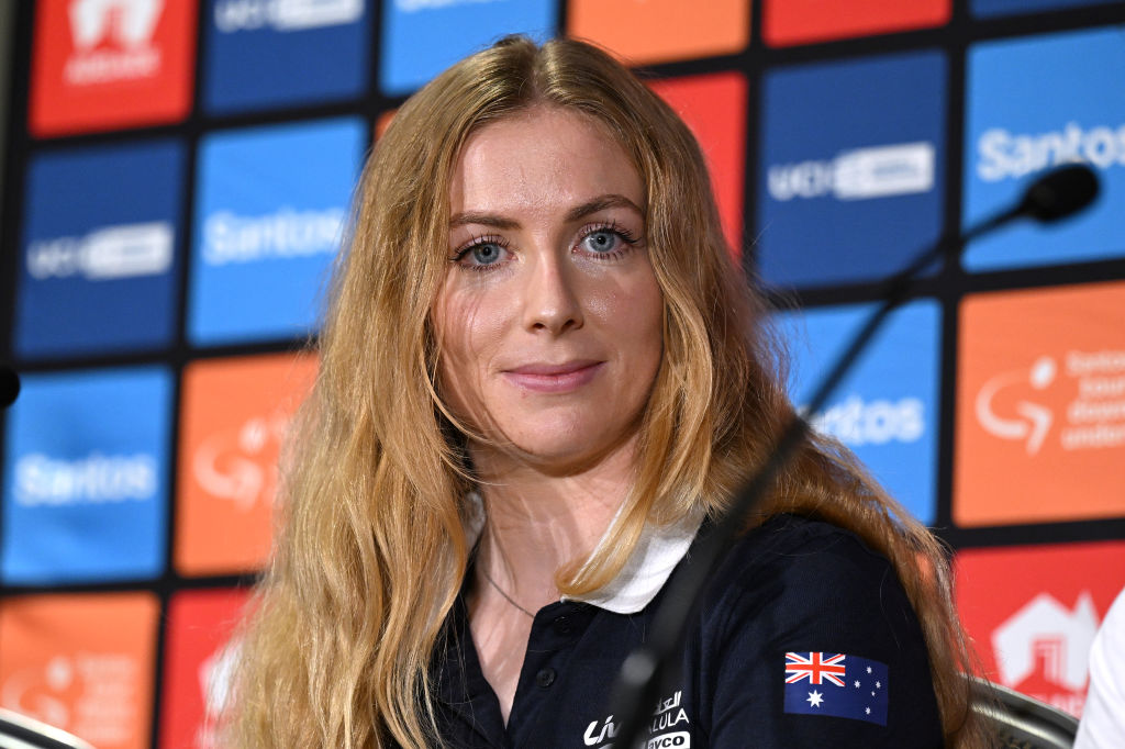 ADELAIDE AUSTRALIA JANUARY 11 Alexandra Manly of Australia and Team Liv AlUla Jayco emotional in memory of Melissa HoskinsDennis who died in a car accident last week during the 8th Santos Womens Tour Down Under 2024 Top Riders Press Conference UCIWWT on January 11 2024 in Adelaide Australia Photo by Tim de WaeleGetty Images