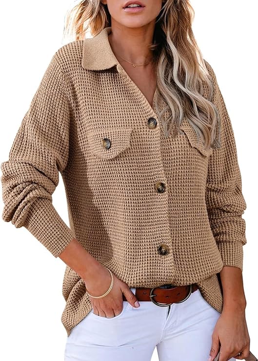 Astylish, Astylish Long Sleeve Shirts for Women Fashion Fall Outfits Winter V Neck Waffle Knit Sweater Button Down Tops Solid Shacket Jacket Clothing Outwear Light French Beige Small