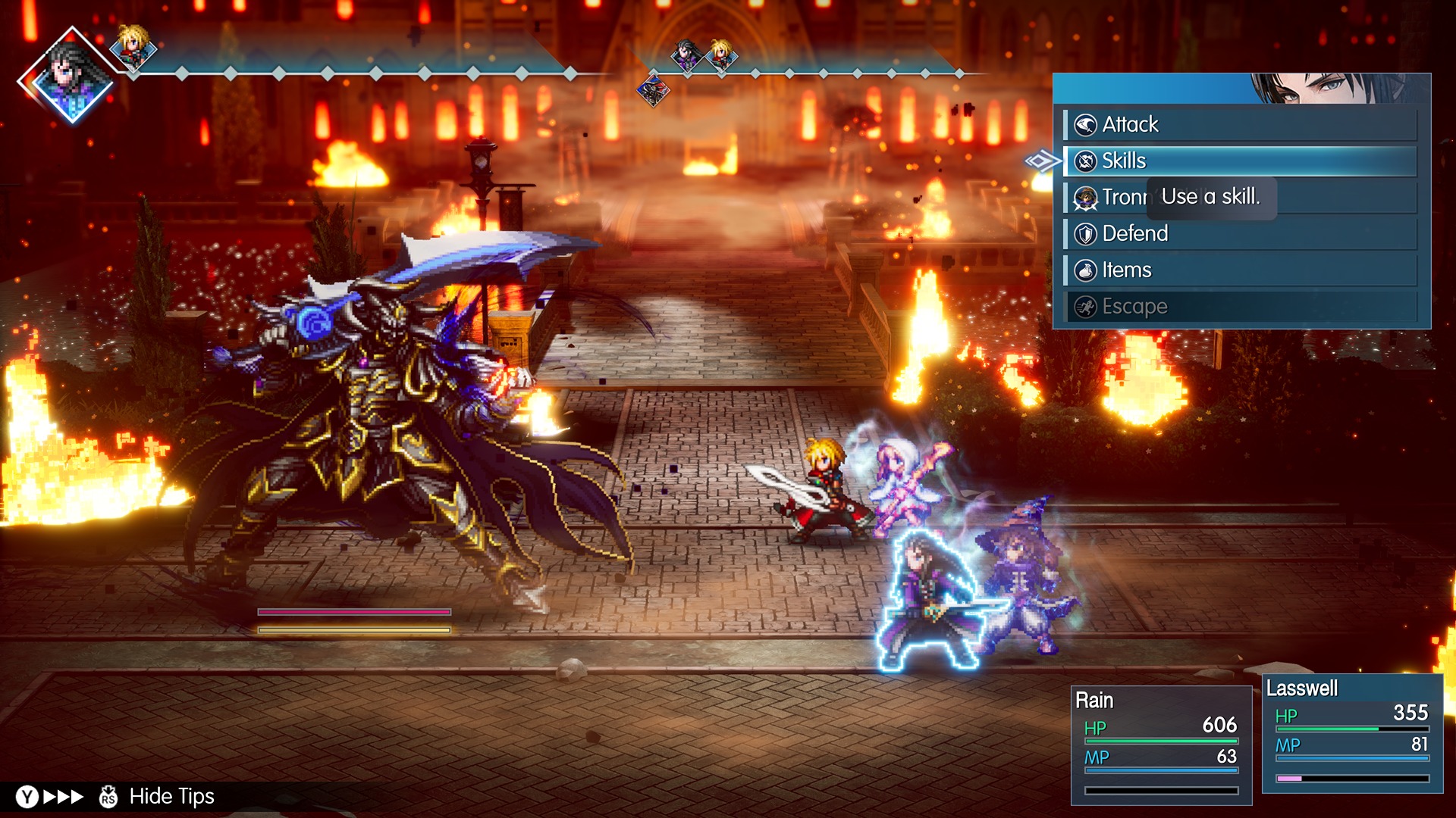 A pixel art RPG battle scene features a large armored boss facing four small heroes on a burning stone plaza with a menu overlay for combat actions.