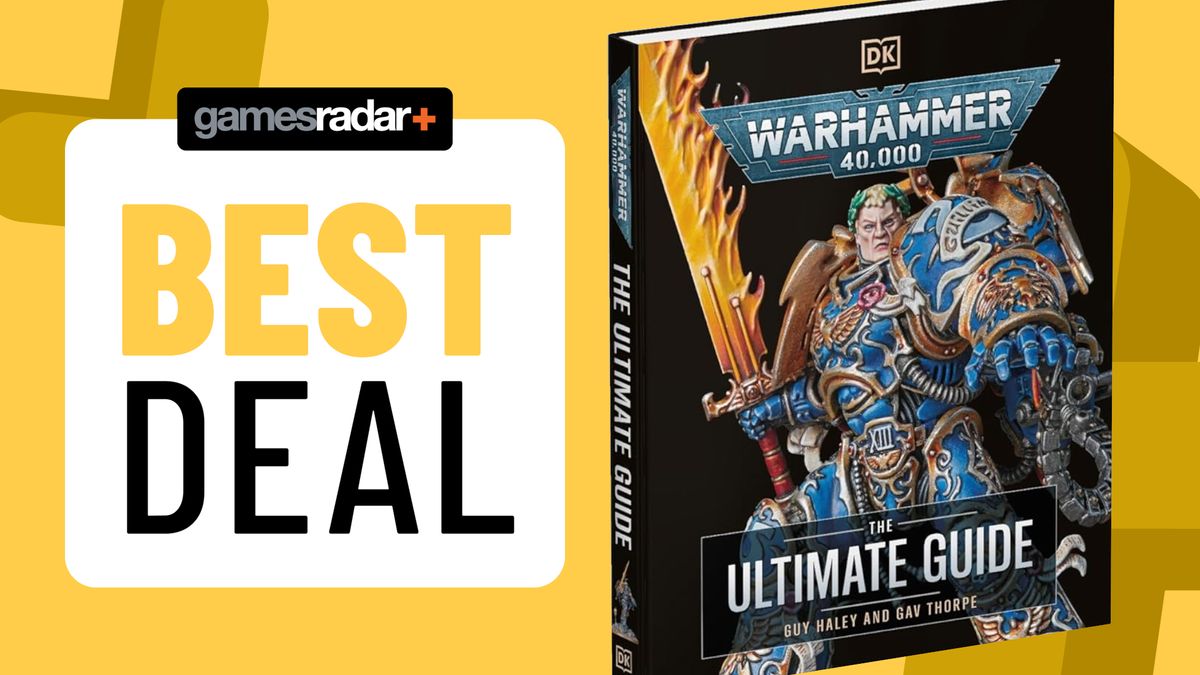 Warhammer 40,000 The Ultimate Guide cover next to a &#039;best deal&#039; badge, all against a yellow background