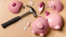 Smashed piggy bank with a hammer lying next to it