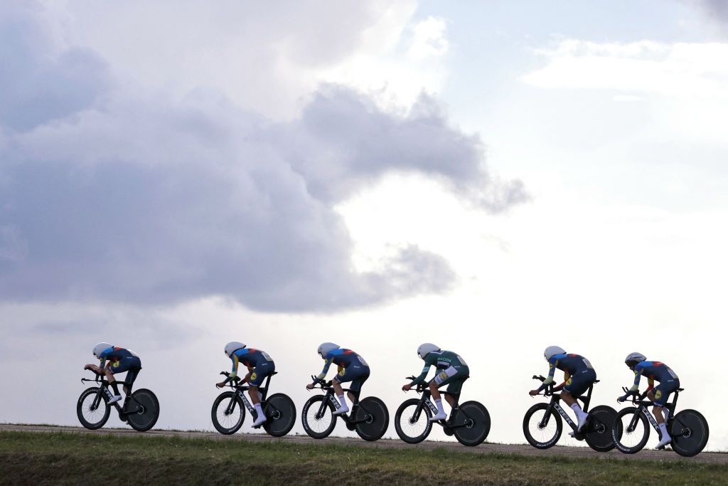 Lidl-Trek's team competes during the 3rd stage of the Paris-Nice cycling race, 26,9 km team time trial between Auxerre and Auxerre, on March 5, 2024. (Photo by Thomas SAMSON / AFP)