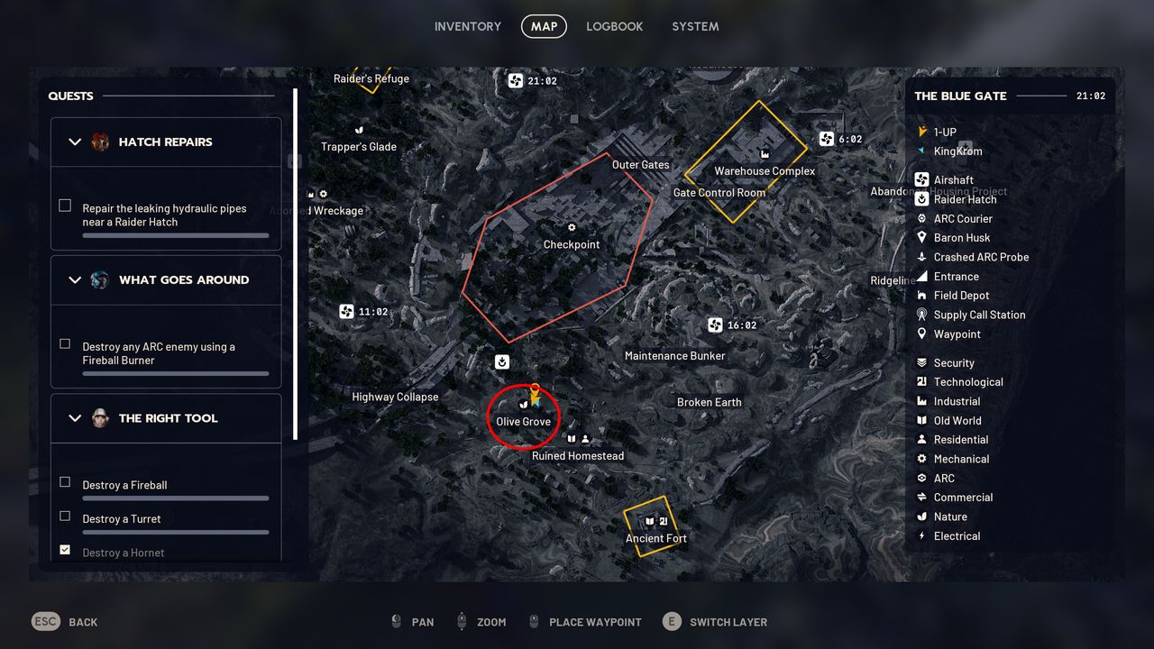 Arc Raiders olive locations: A map iwht a red circle showing the location of the Olive Grove on Blue Gate.