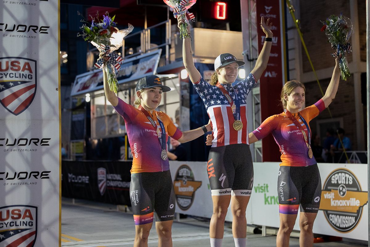 Women's U23 critierum podium (LtoR): Kaia Schmid (Human Powers Health) second, Olivia Cummins (LUX CTS p/b Specialized) in first, Katie Clouse (Human Powered Health) third