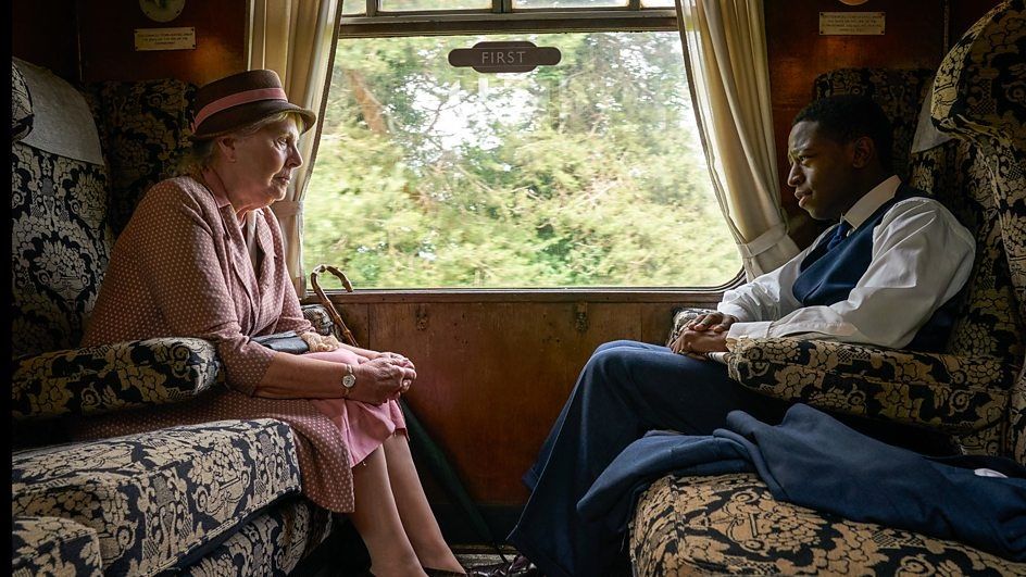 Penelope Wilton and David Jonsson riding on a train in Agatha Christie&#039;s Murder is Easy