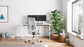 A white Herman Miller office chair in front of a white desk with 2 monitors next to a window and plants in a home office.