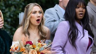 Peri looking shocked in her wedding dress in Hollyoaks 