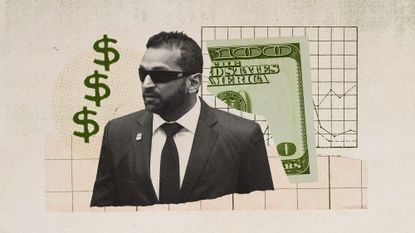 Photo collage of Kash Patel, a 100 dollar bill, and a chart in the background